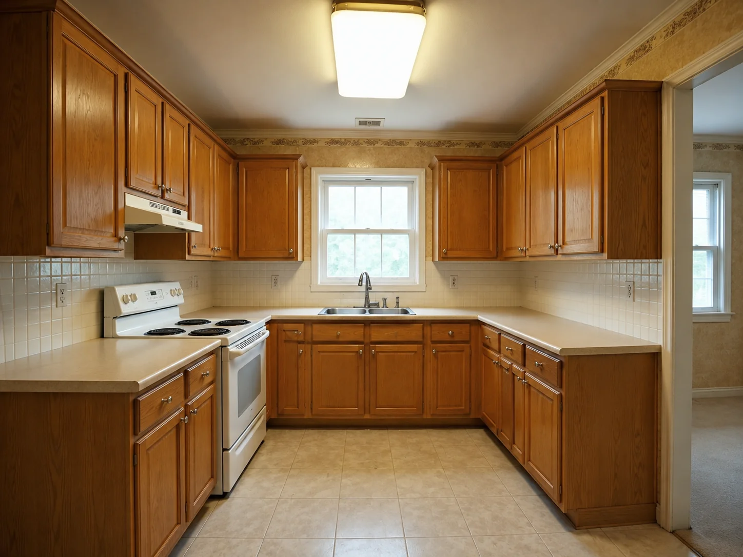 Illustrative older kitchen with a single cooking area