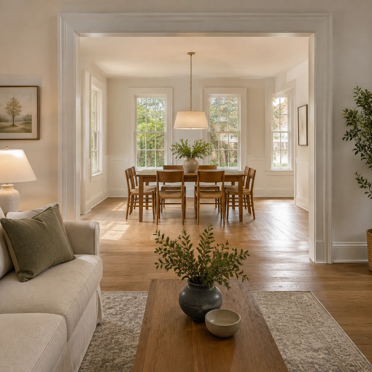 Illustrative connected living and dining rooms with continuous wood flooring and light trim
