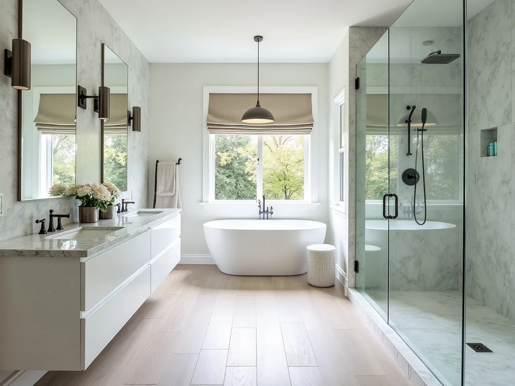 Primary bath design reference — freestanding tub, frameless walk-in shower, marble tile