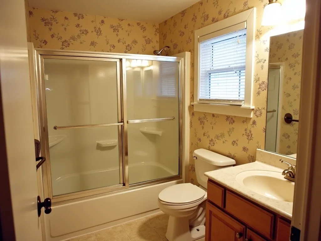 Primary bath design reference — cultured-marble vanity, sliding-glass tub-shower combo