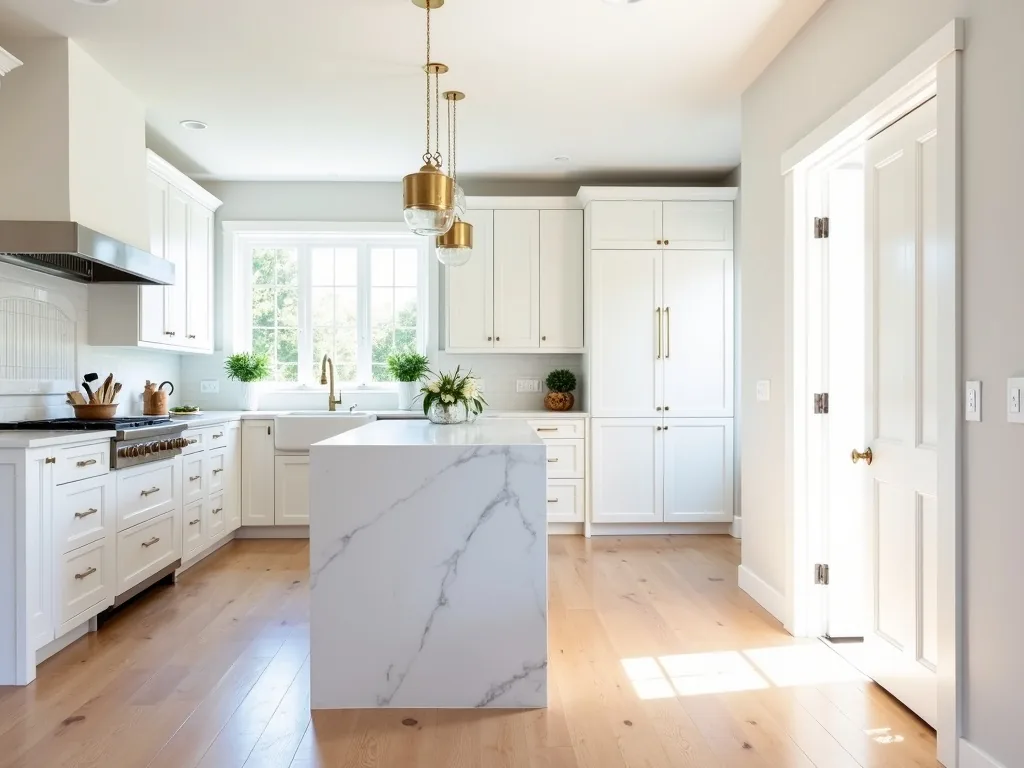 Kitchen design reference — white shaker cabinets, quartz waterfall island, brushed-brass pendants