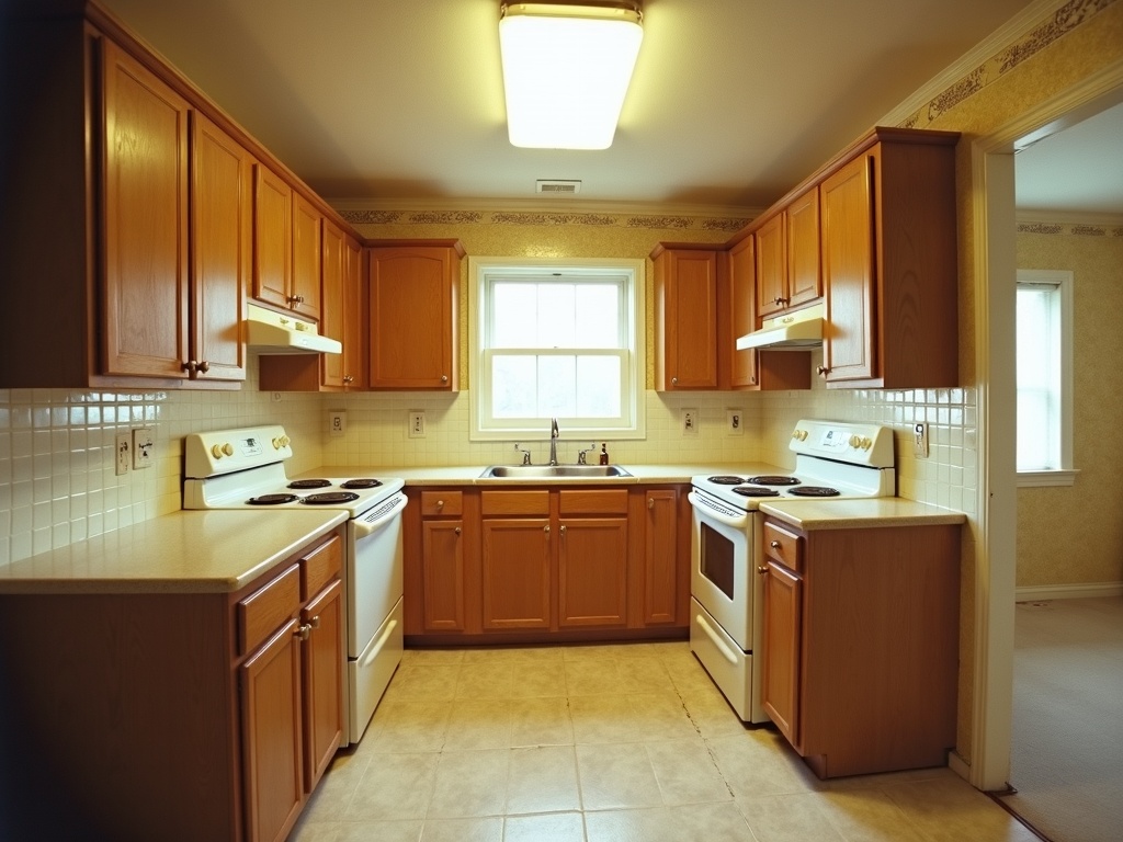 Kitchen before renovation — 1990s oak cabinets and white tile counters