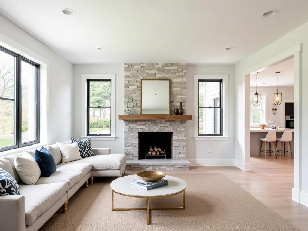 Living room design reference — open plan, shiplap accent, stone fireplace, white-oak floors