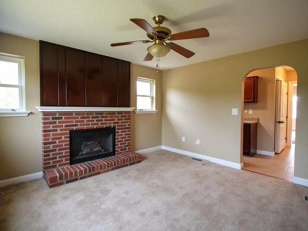 Living room design reference — popcorn ceiling, dark wood paneling, beige carpet