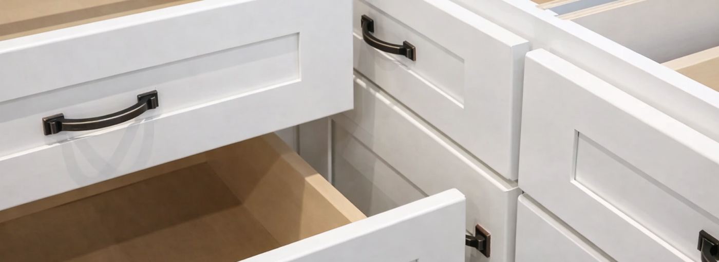 Open soft-close drawers on white shaker cabinets