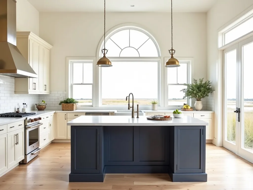 Daniel Island luxury kitchen with navy island and brass pendants