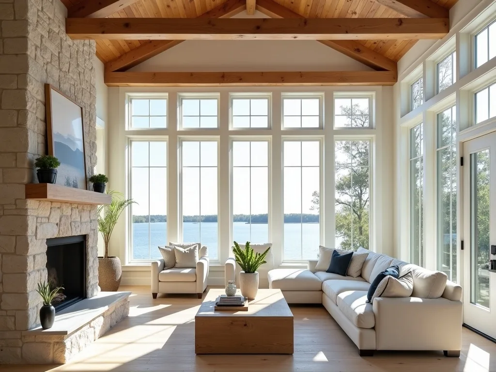 Lake Wylie great room with stone fireplace and lake view