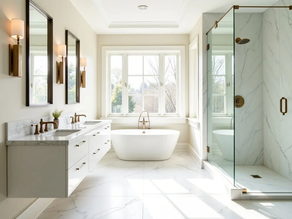 Mount Pleasant primary bathroom with floating vanity and freestanding tub