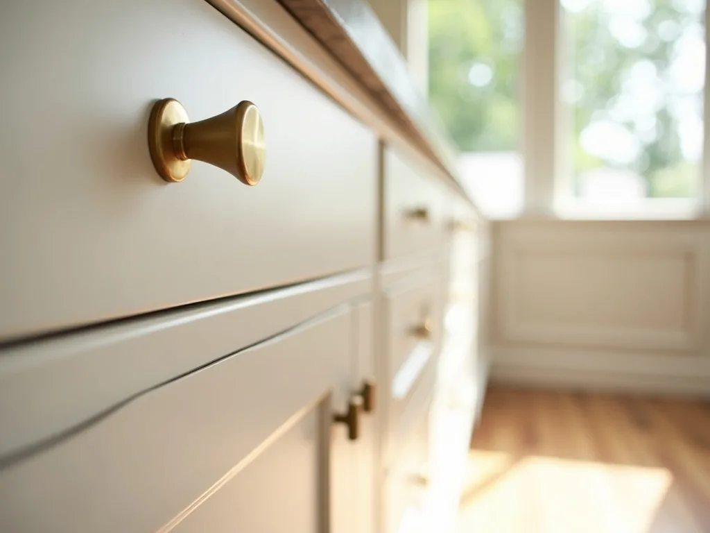 Detail of a luxury Charleston kitchen with brushed-brass cabinet pull