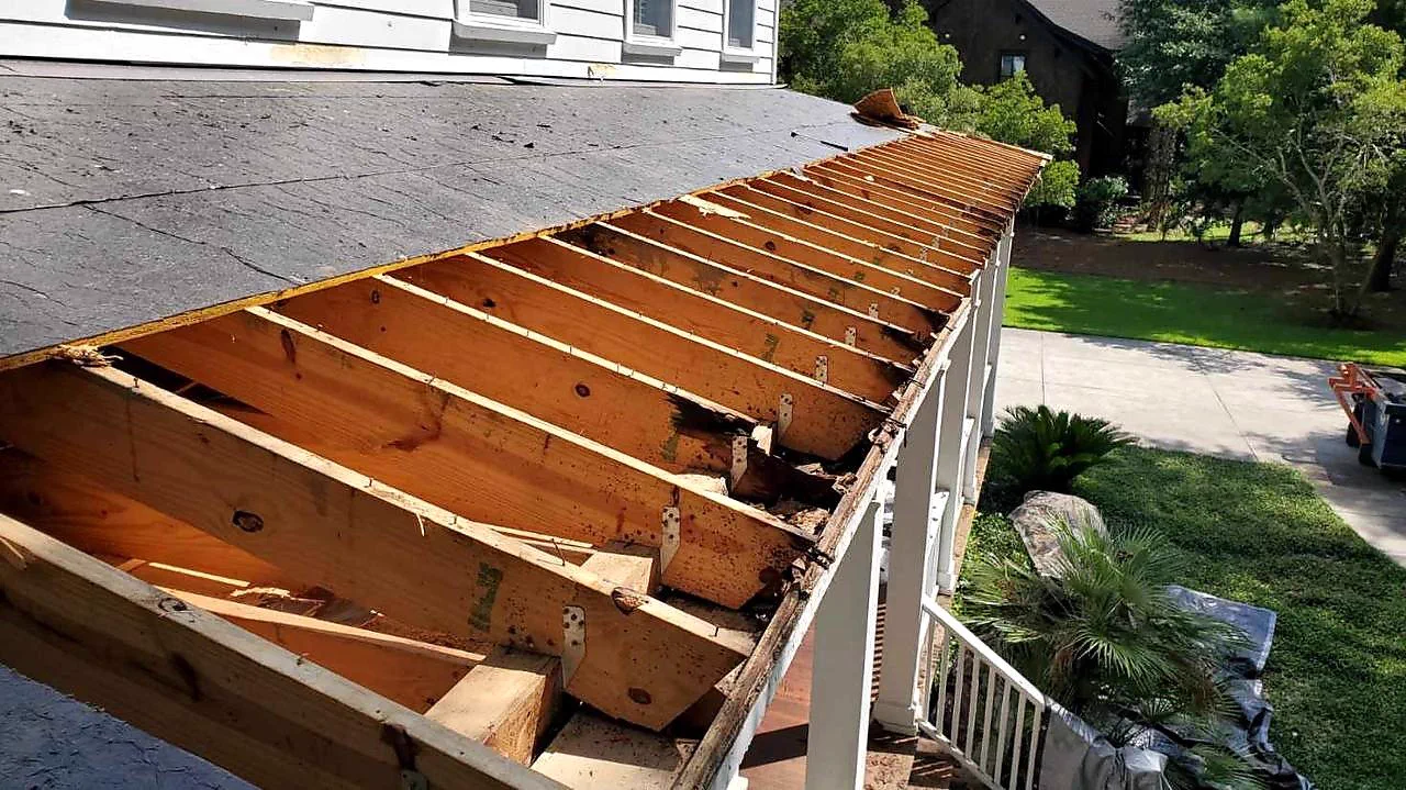 Wood framing exposed during repair