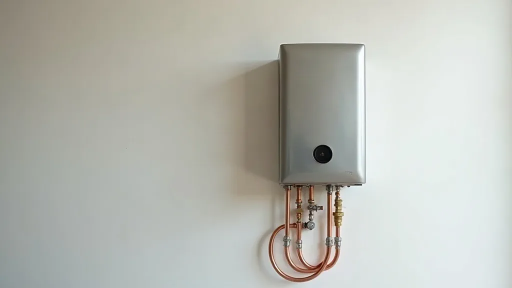 A tankless water heater installation with supply and return lines in a utility space