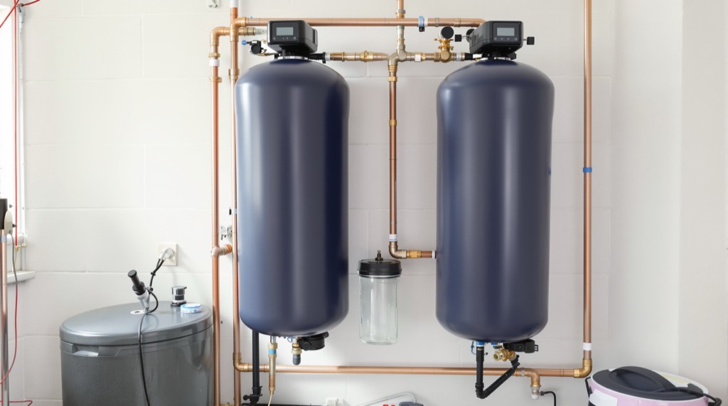 A whole-house water filtration installation with a brass bypass manifold in a South Carolina home garage