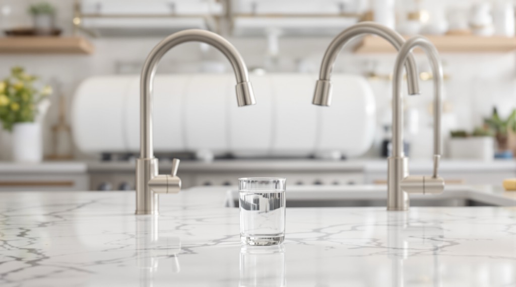 A glass of filtered drinking water beside a dedicated drinking-water faucet on a kitchen counter