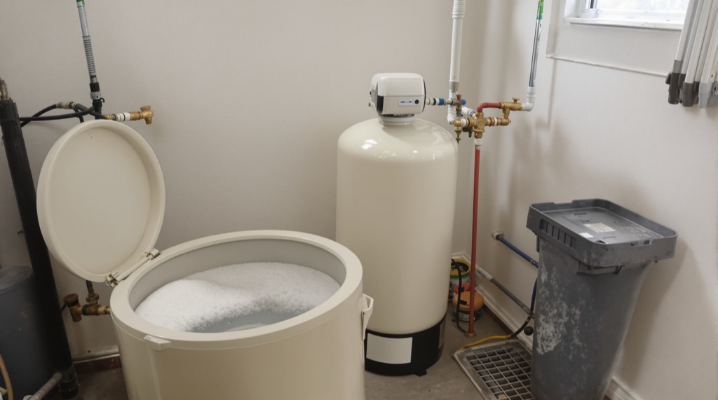 A water softener and brine tank installed in a South Carolina home garage with a drain air gap