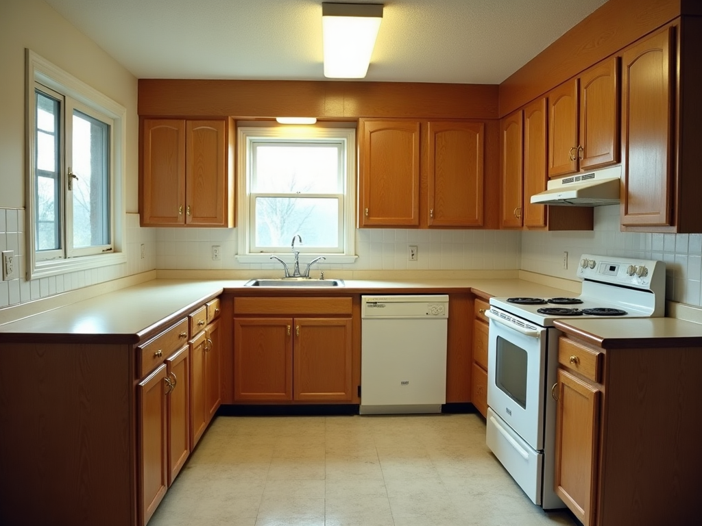 Kitchen before renovation - dated oak cabinets
